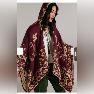 Free People Rown Printed Duster Burgundy and Cream Knit Poncho NWT